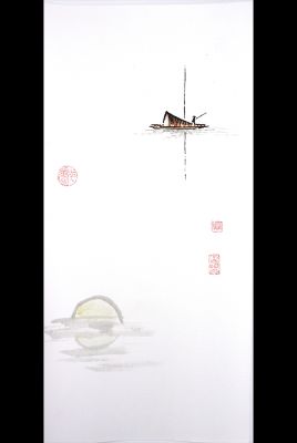 Modern Chinese painting - watercolor on rice paper - The wooden boat