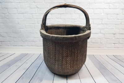Old Chinese braided rice basket - Basket weaving - Dark Brown