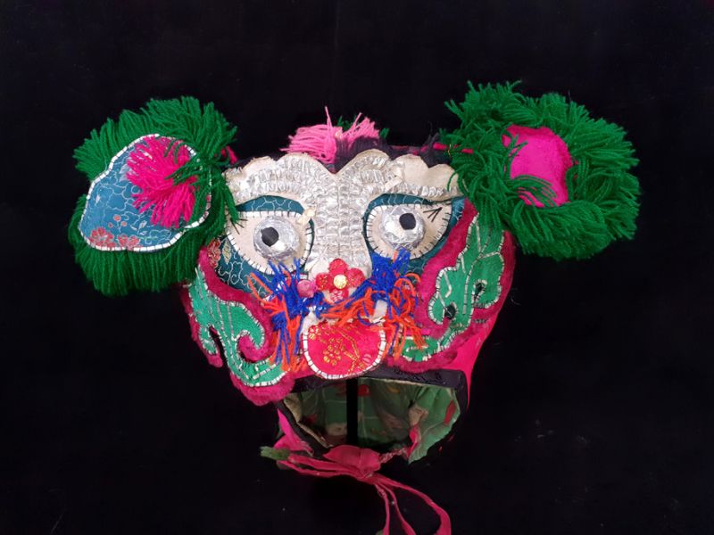 Old Chinese child headdress - Red and Green Funny dragon
