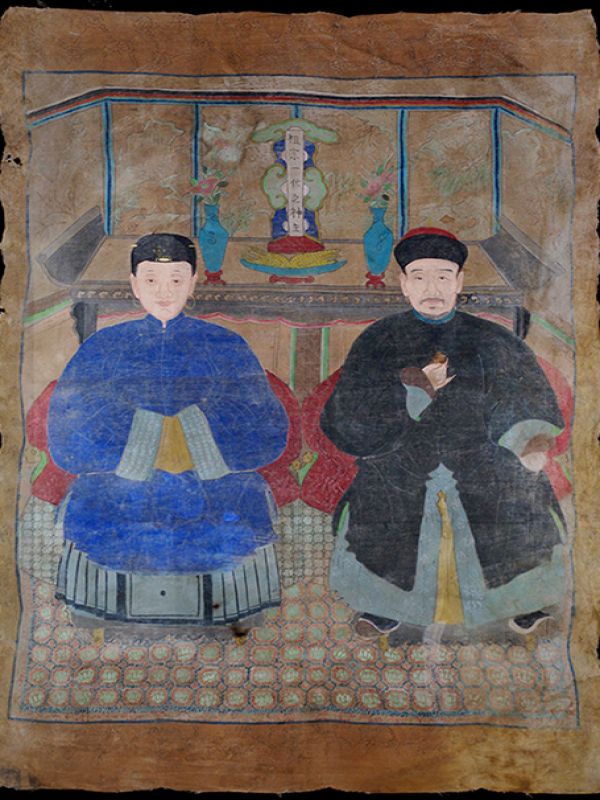 Old Chinese Chinese Ancestor Painting - Couple of the Qing dynasty