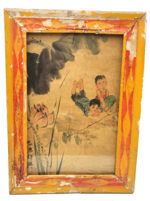 Old Chinese Wood Frame - Painting - children and the lotus