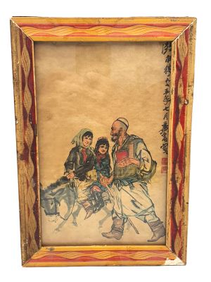 Old Chinese Wood Frame - Painting - The donkey the children and the master