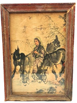 Old Chinese Wood Frame - Painting - The girl and the donkeys