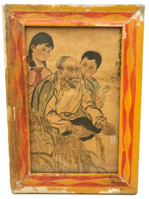 Old Chinese Wood Frame - Painting - The grandfather and the grandchildren