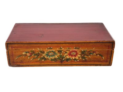 Old Chinese wooden chest - Flat chest - Red and blue flowers