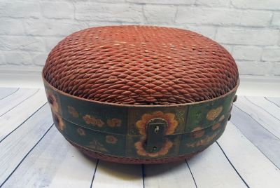 Old large Chinese braided hat box - Basketry
