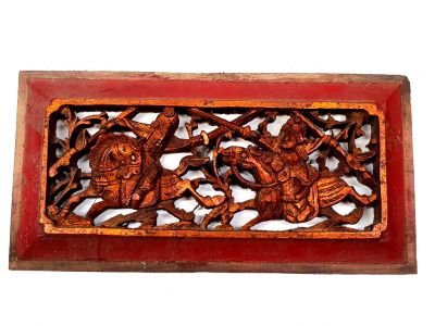 Old Wooden Panel Qing Dynasty Red and gold - Cavaliers in combat