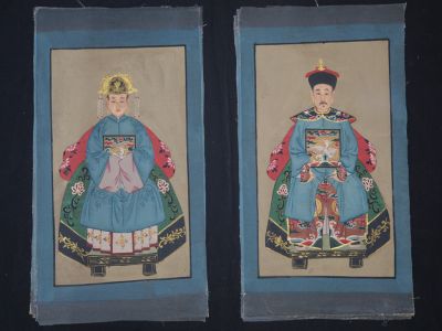 Small Chinese ancestors couple - Chinese Oil Painting - Sky Blue