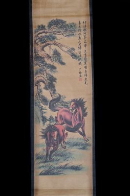 Small Chinese Paining - Kakemono - The tree and the horses