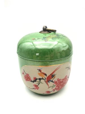 Small Chinese Porcelain Colored Potiche - Green - Bird of paradise on a cherry tree