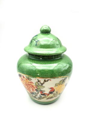 Small Chinese Porcelain Colored Potiche - Green - Landscape of China - Birds