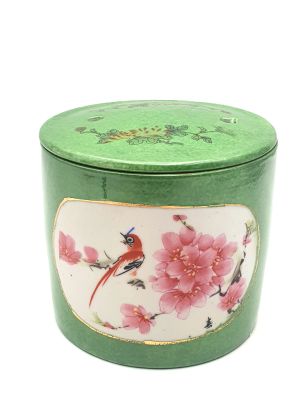 Small Chinese Porcelain Colored Potiche - Incense burner - Bird on a cherry tree