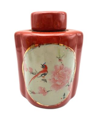 Small Chinese Porcelain Colored Potiche - Red - Bird and Cherry Blossoms