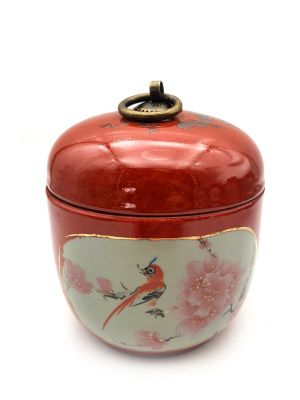Small Chinese Porcelain Colored Potiche - Red - Bird on a cherry tree