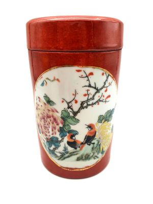 Small Chinese Porcelain Colored Potiche - Red - Birds on a branch