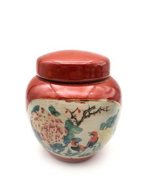 Small Chinese Porcelain Colored Potiche - Red - Two birds on the tree