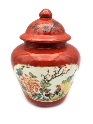 Small Chinese Porcelain Colored Potiche - The two birds on a branch - Peony