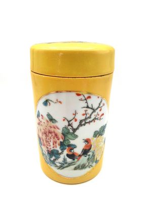Small Chinese Porcelain Colored Potiche - Yellow - Birds on a branch