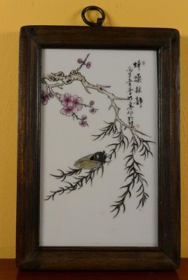 Small Chinese Wood and Porcelain Panel Insect 1