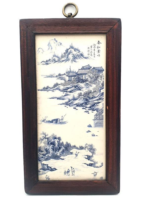 Small Chinese Wood and Porcelain Panel The temple by the lake
