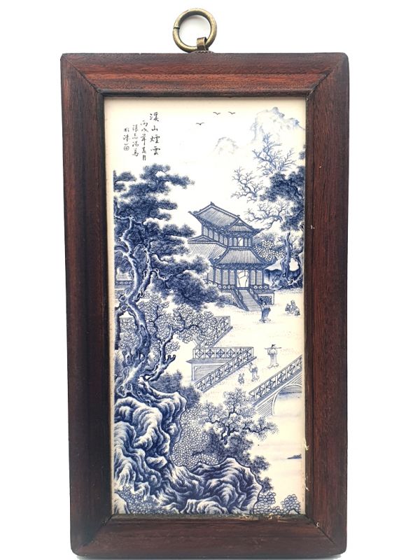 Small Chinese Wood and Porcelain Panel The temple on the river