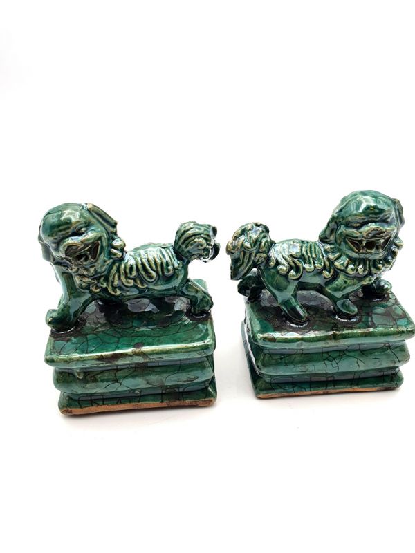 Small Fu Dog pair in porcelain - Green 3