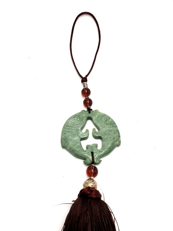 Small Suspended Bi Disk Silk and Jade Green and Brown 2