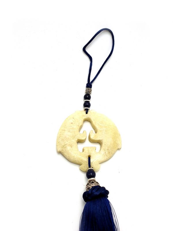 Small Suspended Bi Disk Silk and Jade White and Blue Fish 2